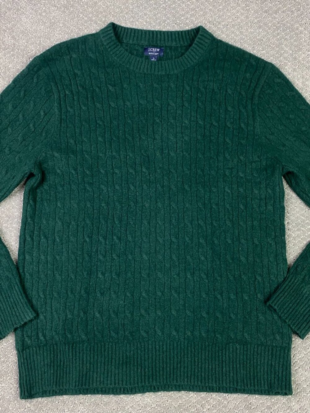 J CREW Extra Soft Sweater Mens Large Green Cable Knit Crew Wool Blend